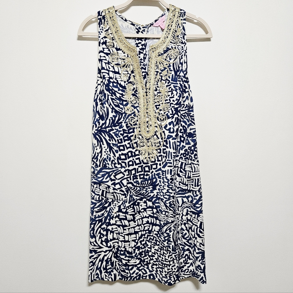 Lilly Pulitzer Carlotta Midi Shift Dress Rayon Stretch Boho Cottagecore Blue M - Picture 3 of 16